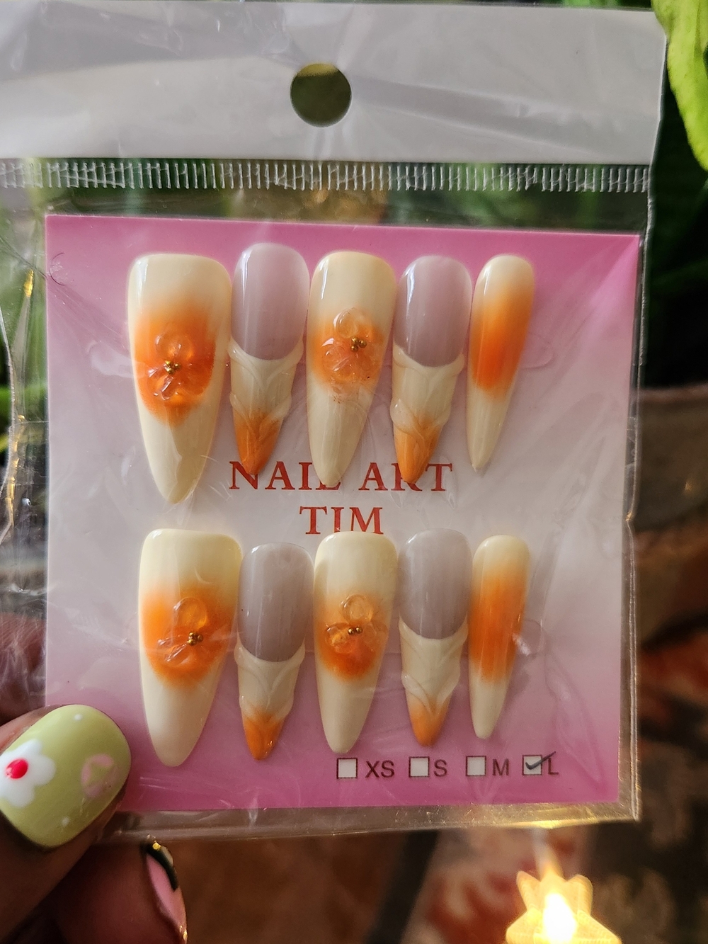 Floral Orange Ombre Stiletto Press-On Nails.  No Prep Kit Size L